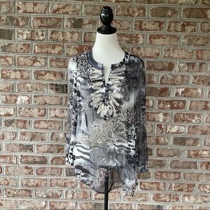V Cristina Chiffon Mesh Ruffle Frayed Edge V Neck Long Sleeve Top Sz M
